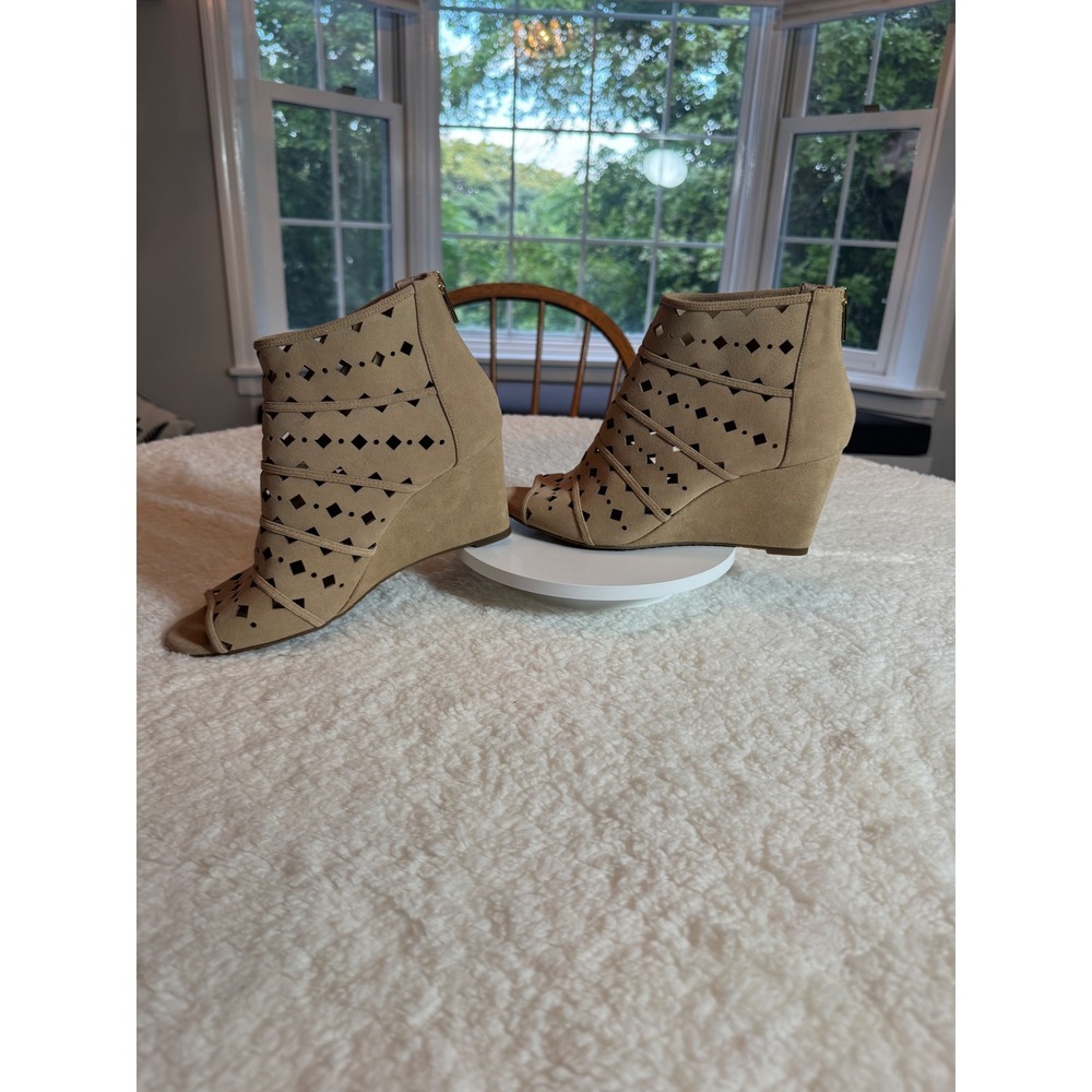 Michael Kors Women Tan Leather Laser Cut Wedge Booties Open Toe Sandals 10M